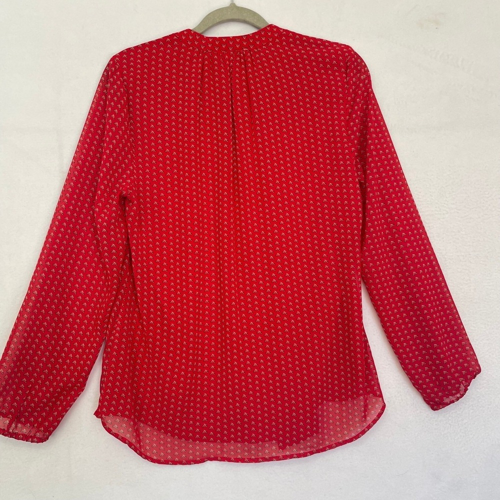 DR2 Top Size M Women Blouse Tie Neck Long Sleeve Sheer Red Print Career V Neck - Picture 6 of 12